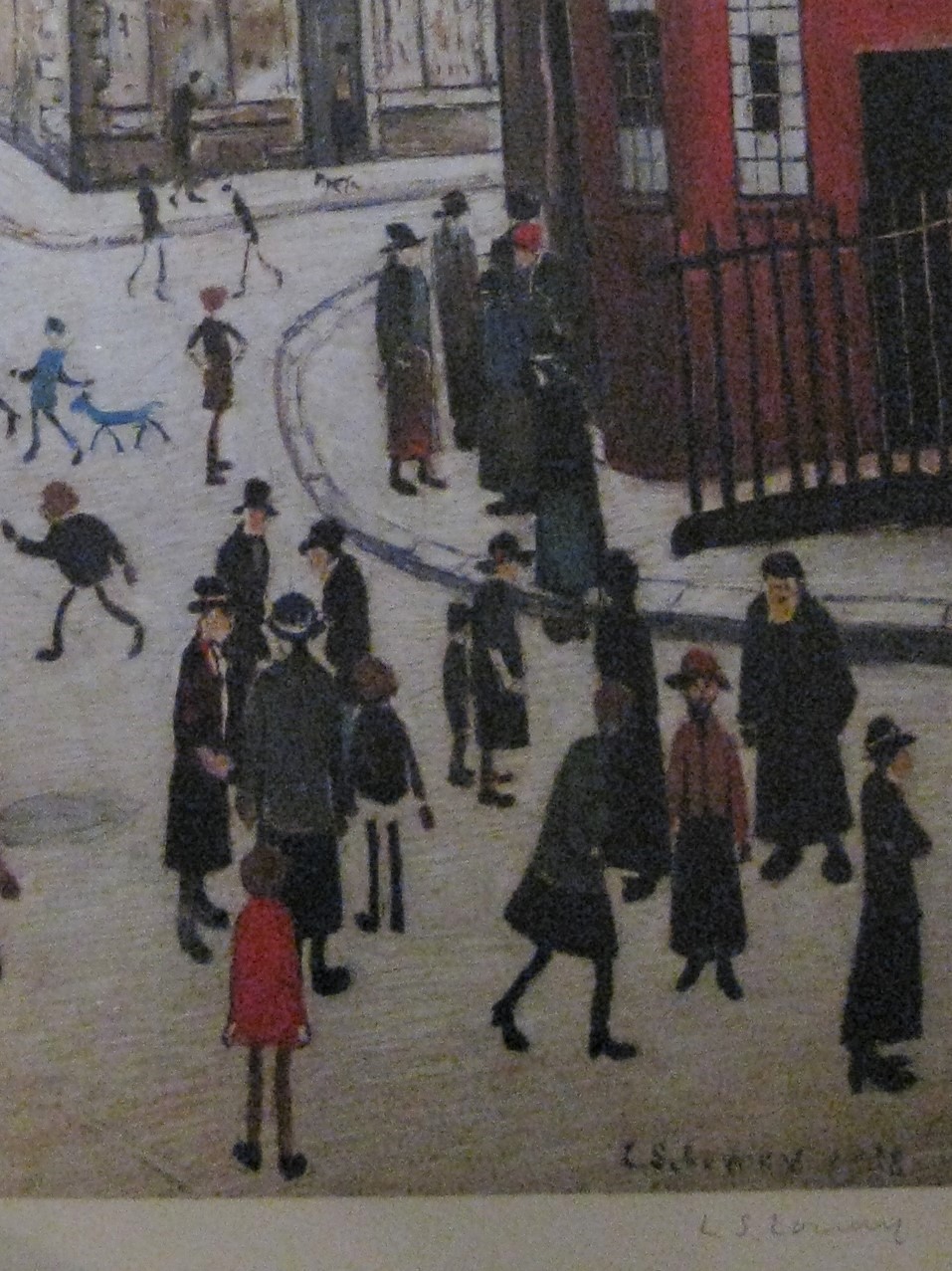 A signed lithograph of figures in a street by L S Lowry. An example of a fairly modern production print that has risen sharply in value. This artwork would defiantely warrant a listing in any insurance valuation.